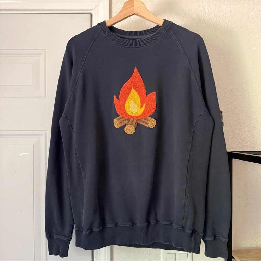 FORET‎ navy blue fire patch organic cotton terry knit crew pullover sweater